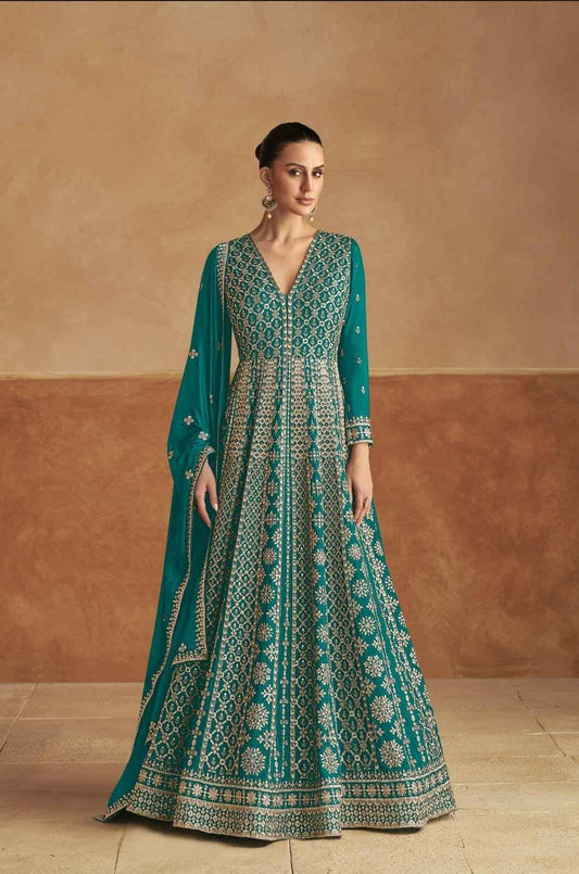 Teal Green Real Chinon Embroidered Gown with Dupatta