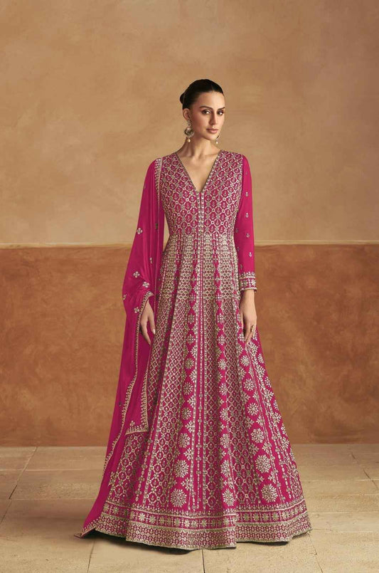 Majestic Fuchsia Pink Embroidered Chinon Anarkali Gown