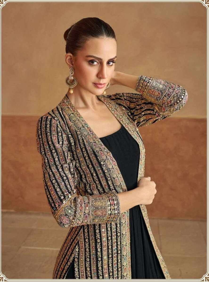 Elegant Black Real Georgette Embroidered Jacket Gown Set

