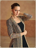 Elegant Black Real Georgette Embroidered Jacket Gown Set


