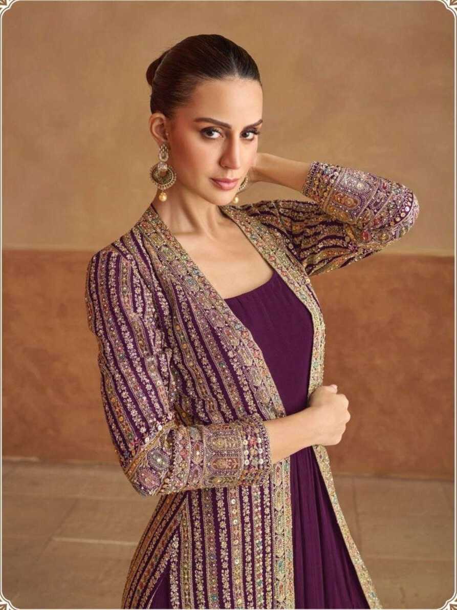 Elegant Plum Embroidered Jacket Style Gown in Georgette