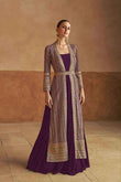 Elegant Plum Embroidered Jacket Style Gown in Georgette
