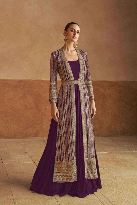 Elegant Plum Embroidered Jacket Style Gown in Georgette