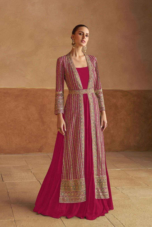 Wine Pink Real Georgette Jacket Style Gown Set

