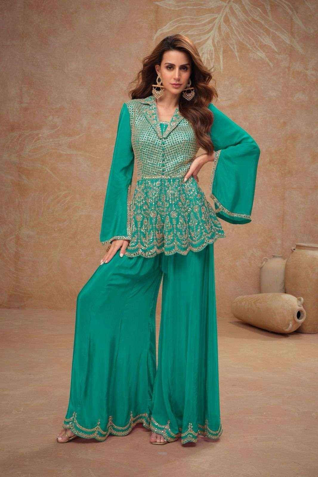 Teal Green Real Chinon Designer Embroidered 3-Piece Suit Set