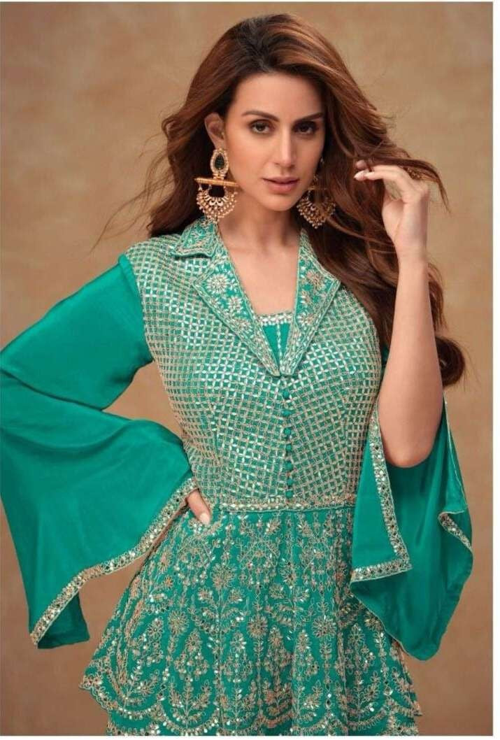 Teal Green Real Chinon Designer Embroidered 3-Piece Suit Set