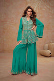 Teal Green Real Chinon Designer Embroidered 3-Piece Suit Set