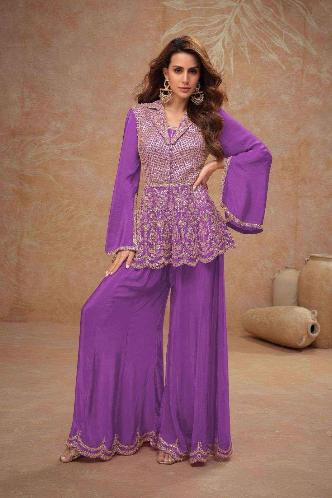 Purple Real Chinon Embroidered Flared Designer Suit Set