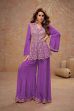 Purple Real Chinon Embroidered Flared Designer Suit Set