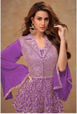 Purple Real Chinon Embroidered Flared Designer Suit Set