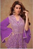 Purple Real Chinon Embroidered Flared Designer Suit Set