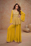 Mustard Yellow Real Chinon Embroidered Designer Suit Set