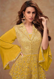 Mustard Yellow Real Chinon Embroidered Designer Suit Set