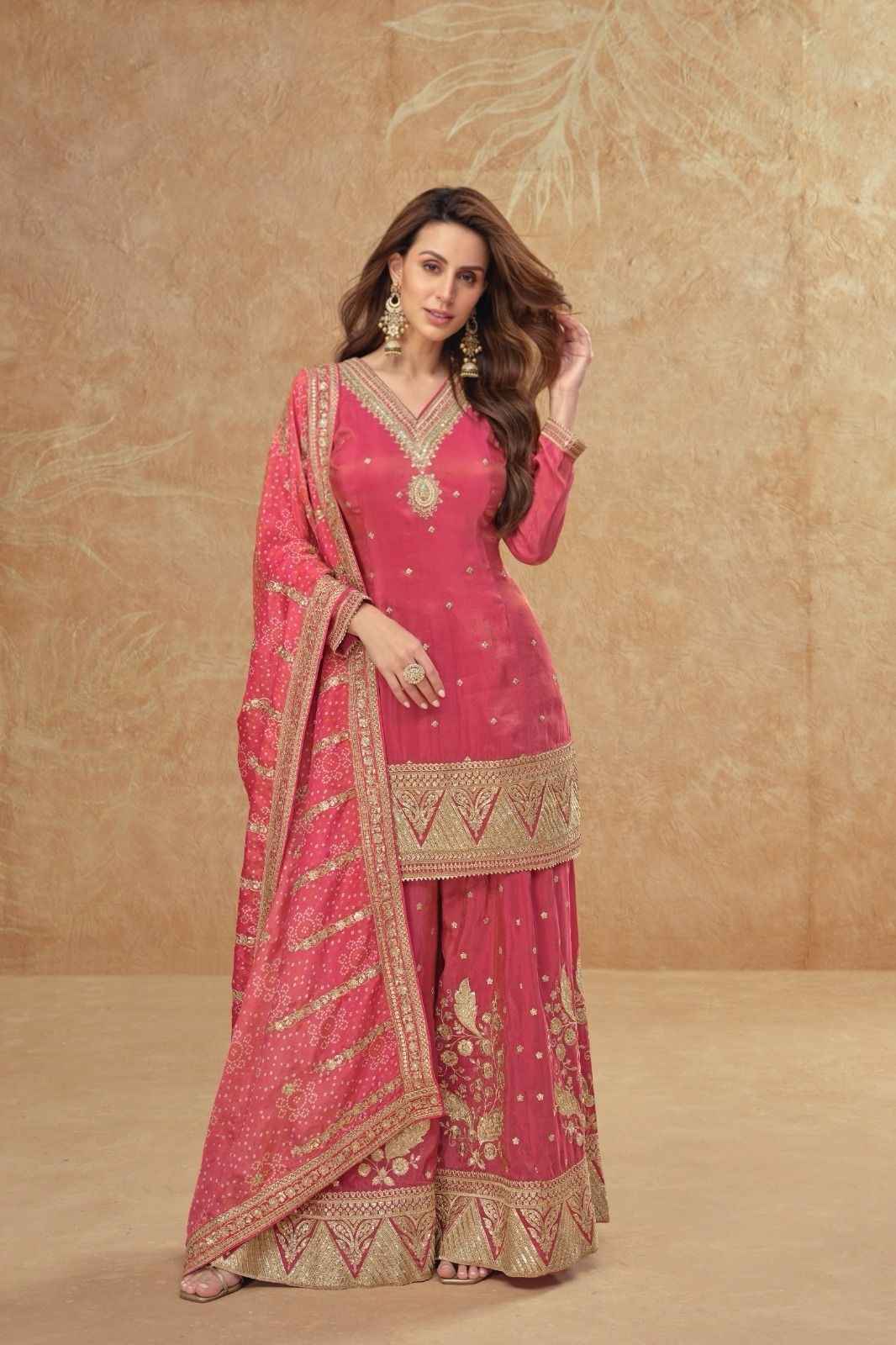 Simar Silk Sharara Suit in Rosy Pink with Zari Embroidery & Bandhani Dupatta