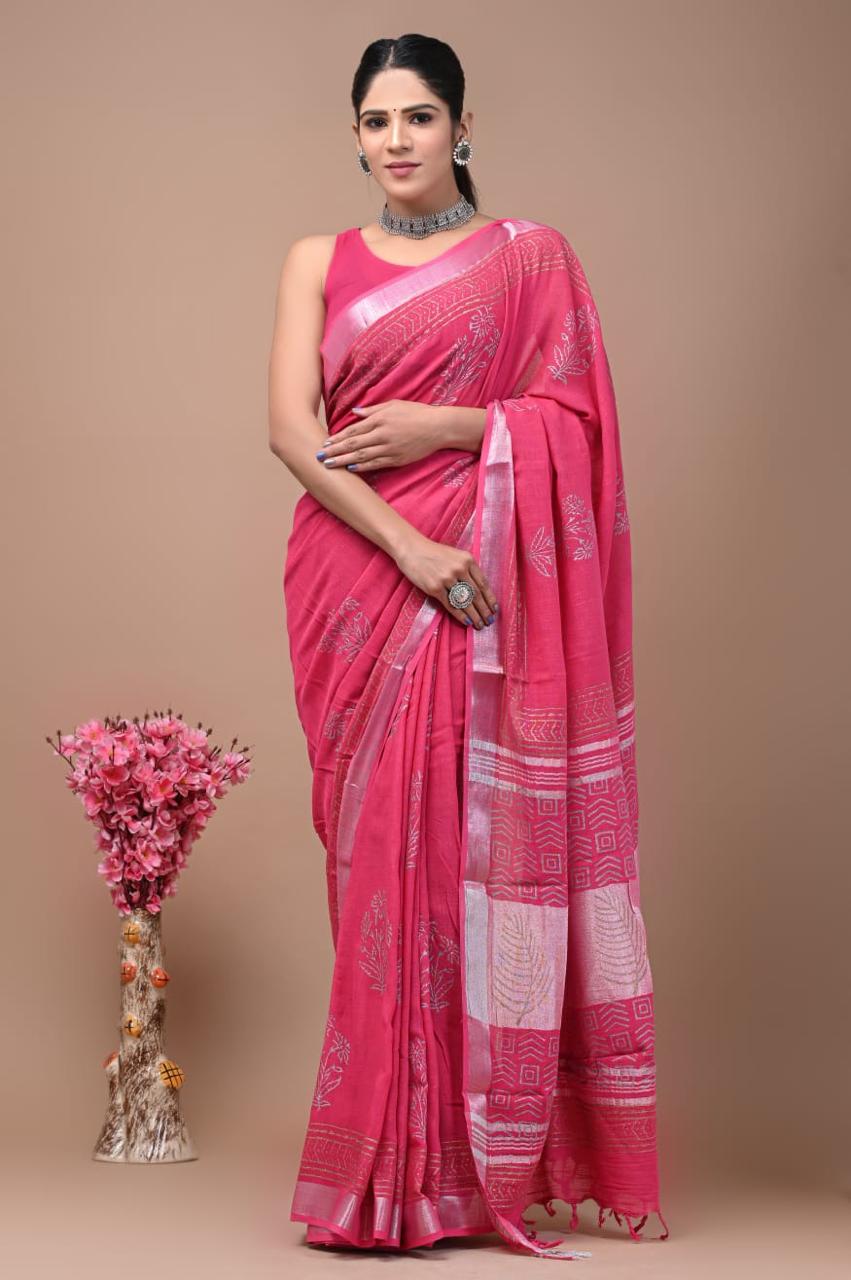 Rani Pink Silver Zari Linen Saree