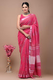 Rani Pink Silver Zari Linen Saree