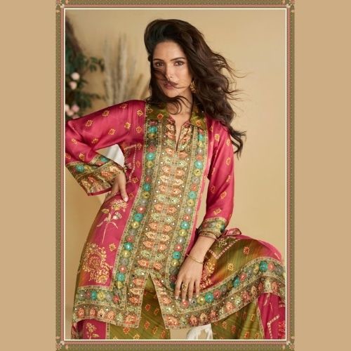 Pink & Green Premium Crepe Silk Digital Printed Co-ord Set