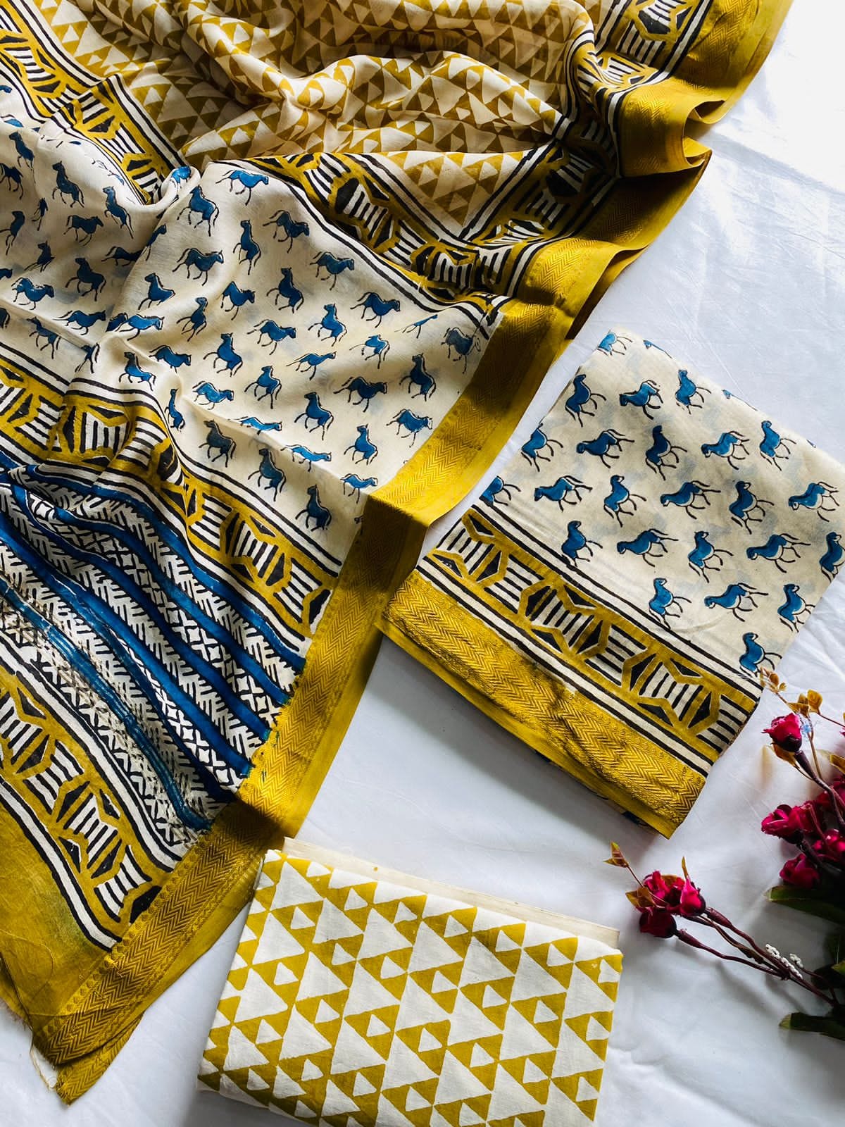 Mustard Yellow and Ivory Maheshwari Unstitched Dress Material