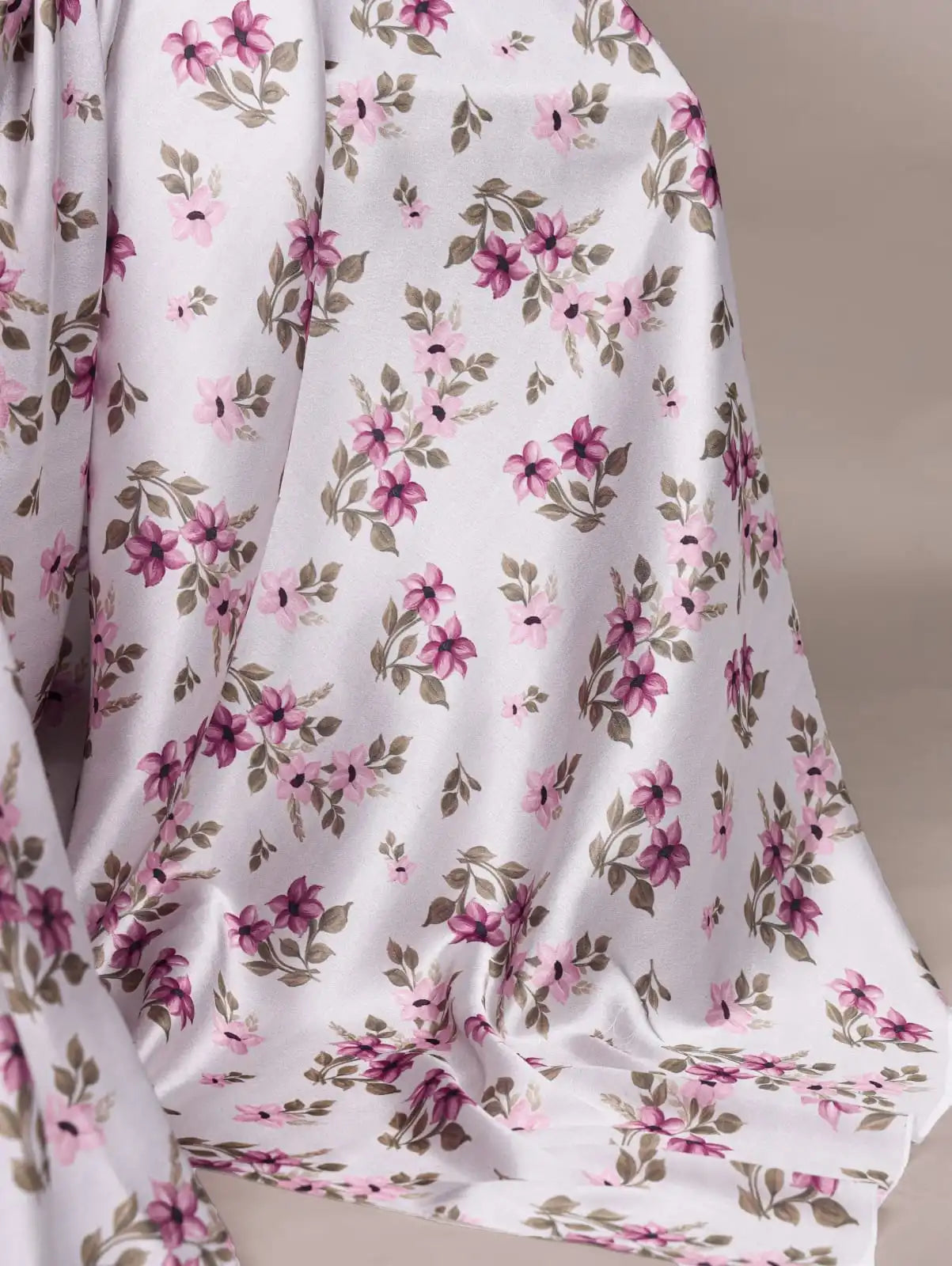 White Floral Printed Satin Silk Saree