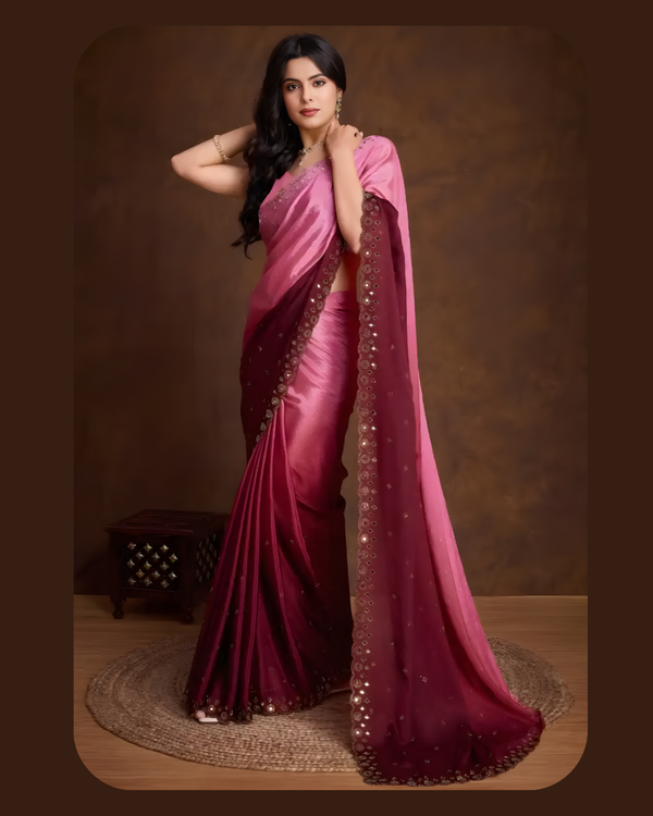 Pink & Maroon Double Shaded Chinon Silk Party Wear Saree