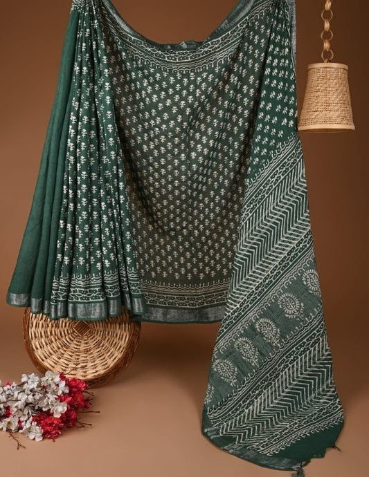 Bottle Green Hand Block Printed Linen Saree with Blouse Piece