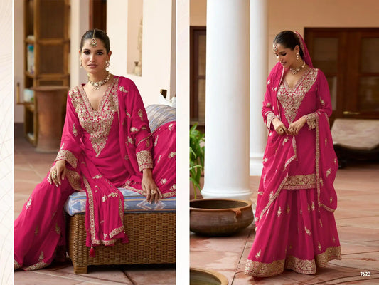 Rani Pink Real Chinon Embroidered Festive Palazzo Suit