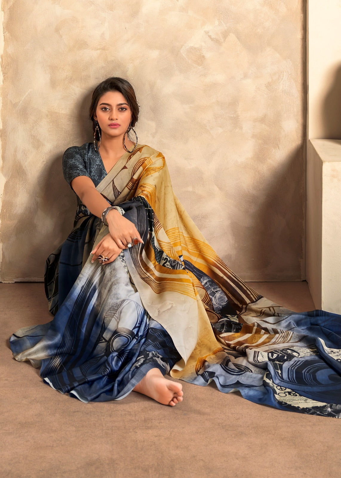 Blue & Beige Designer Crepe Silk Saree