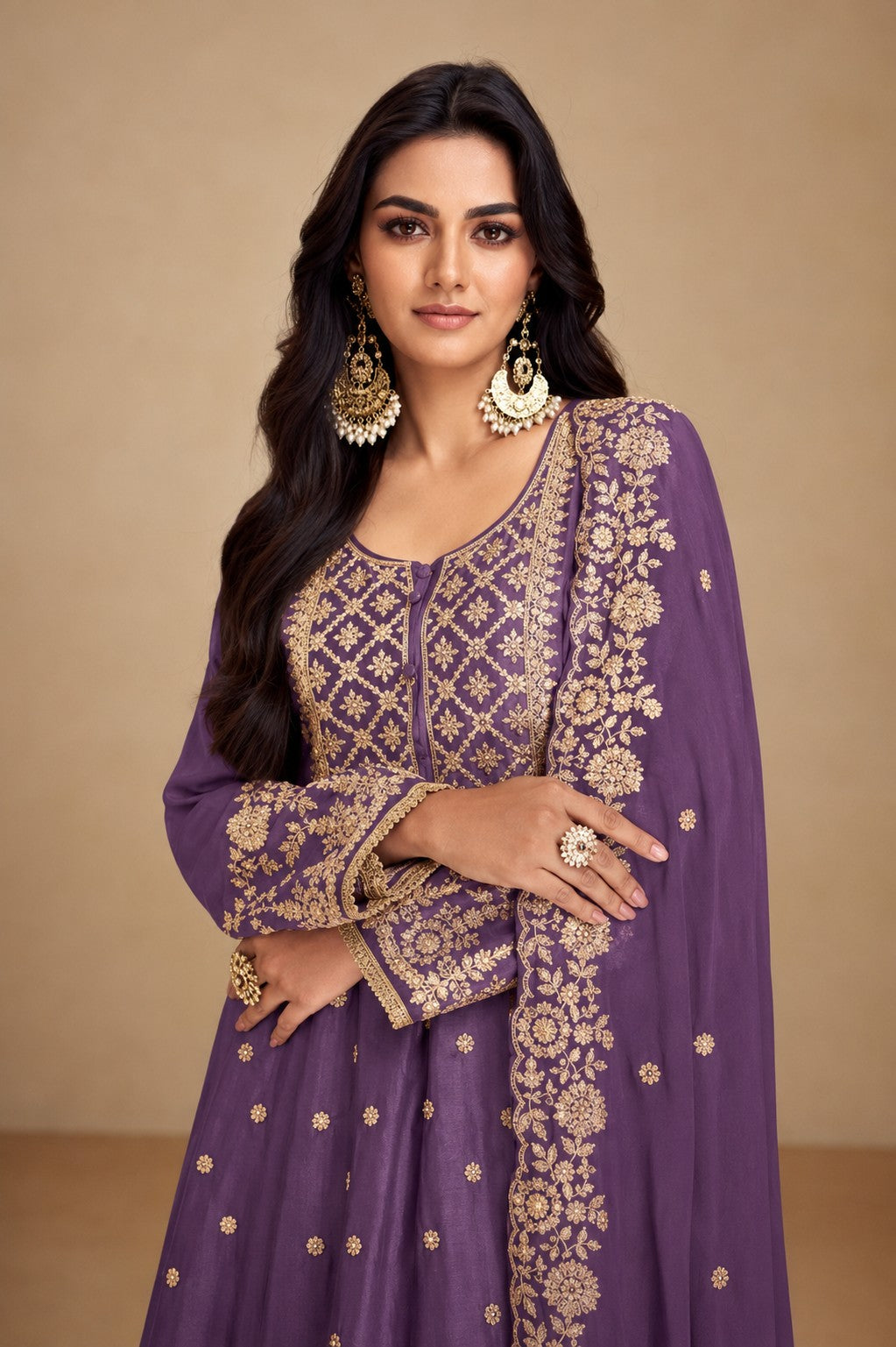 Purple Embroidered Real Chinon Silk Palazzo Set