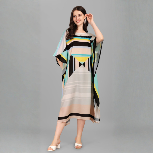 Beige Teal Geometric Kaftan Kurti Dress for Women