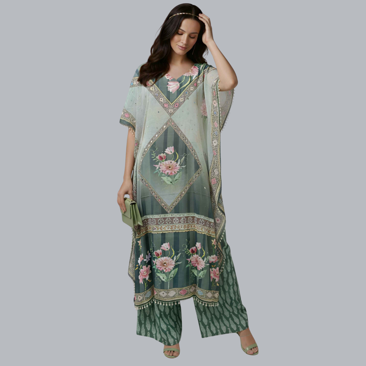 Elegant Sage Green Designer Kaftan Suit Set