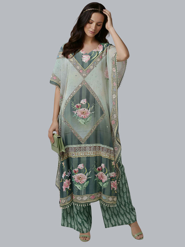 Elegant Sage Green Designer Kaftan Suit Set