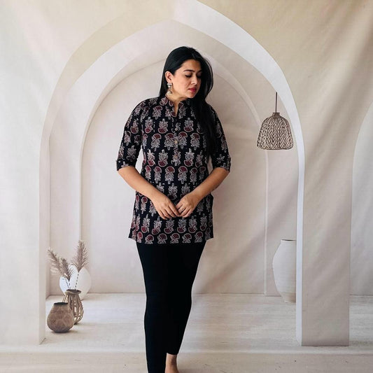 Black & Maroon Hand Block Printed Cotton Short Kurti