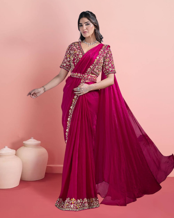 Maroon Ready-to-Wear Satin Silk Saree with Embroidered Blouse & Belt