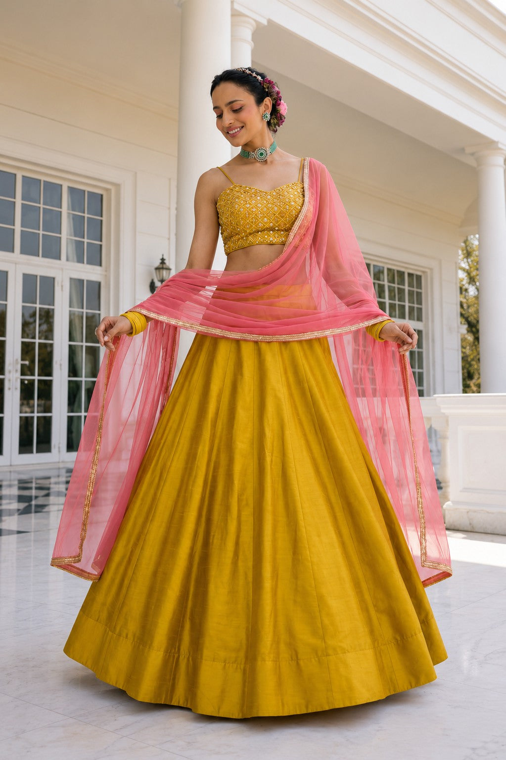 Mustard Yellow Silk Party Wear Lehenga Choli Set