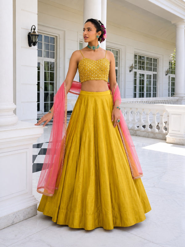 Mustard Yellow Silk Party Wear Lehenga Choli Set