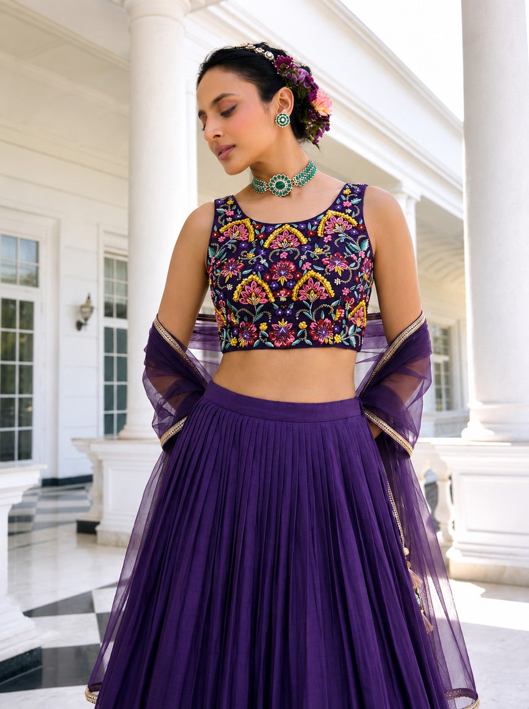 Purple Vichitra Silk Designer Lehenga Choli with Net Dupatta