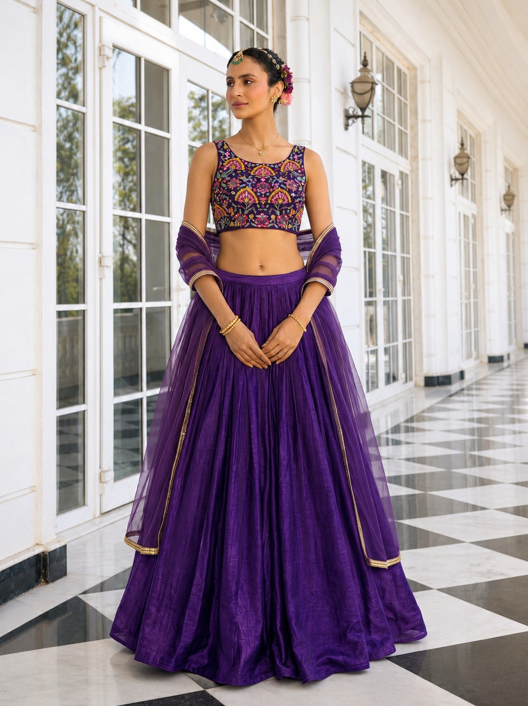 Purple Vichitra Silk Designer Lehenga Choli with Net Dupatta
