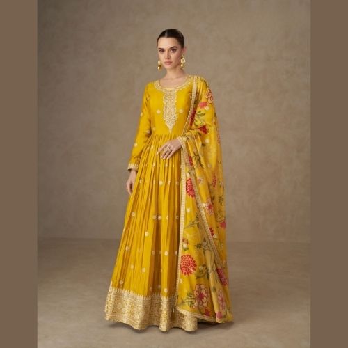 Mustard Yellow Premium Chinnon Silk Anarkali Gown with Dupatta