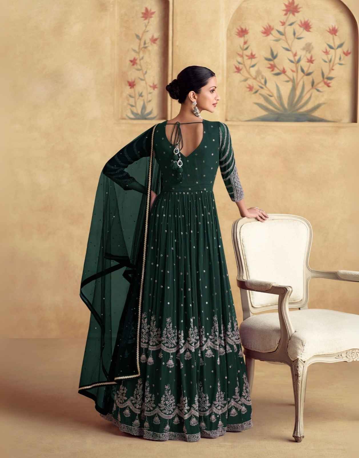 Regal Emerald Green Embroidered Georgette Anarkali Suit