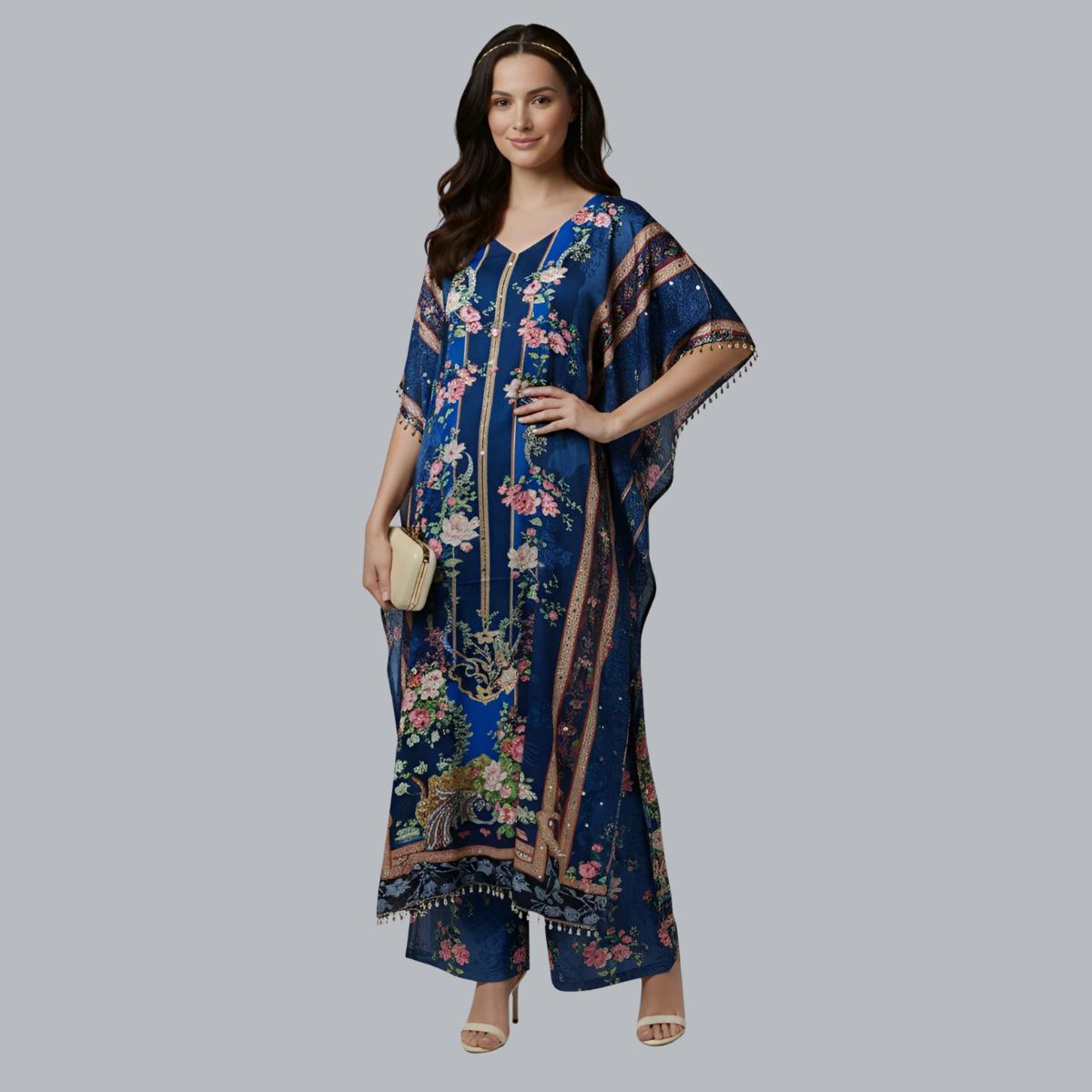 Navy Blue Floral Designer Kaftan Suit Set for Women