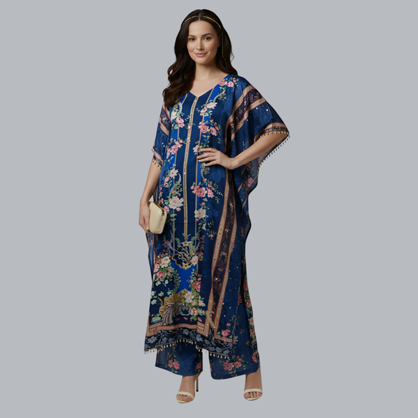 Navy Blue Floral Designer Kaftan Suit Set for Women