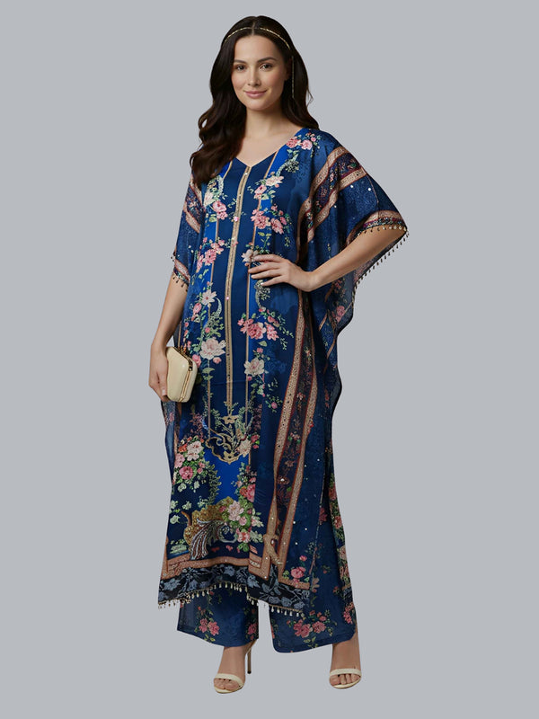 Navy Blue Floral Designer Kaftan Suit Set for Women