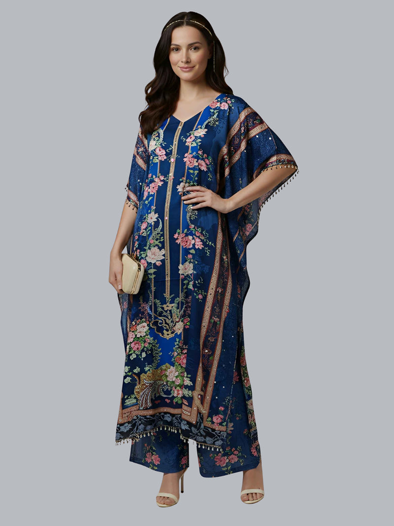 Navy Blue Floral Designer Kaftan Suit Set for Women