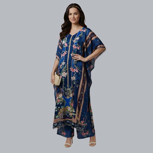 Navy Blue Floral Designer Kaftan Suit Set for Women