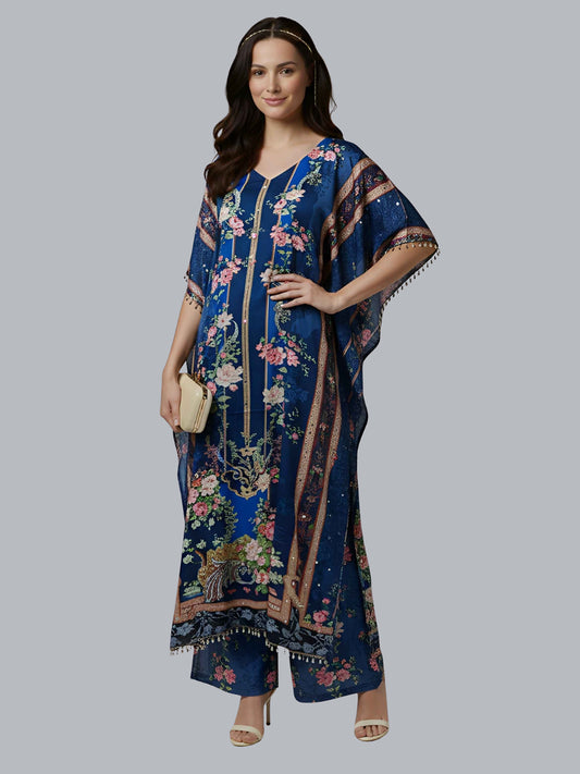 Navy Blue Floral Designer Kaftan Suit Set for Women