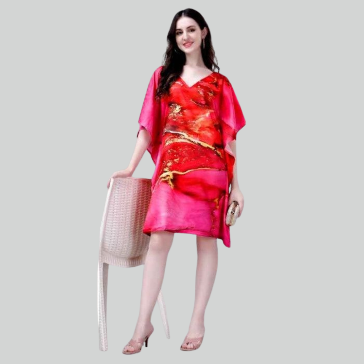 Red & Pink Marble Print Kaftan Dress – Party Wear