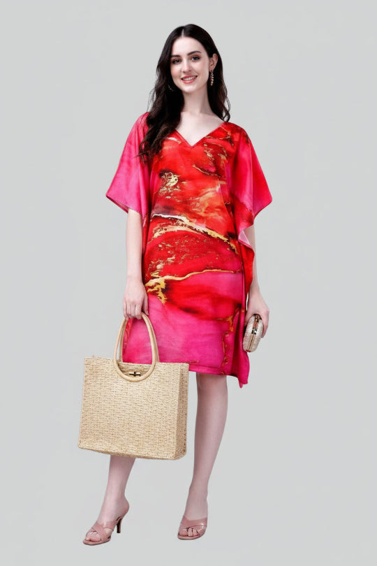 Red & Pink Marble Print Kaftan Dress – Party Wear