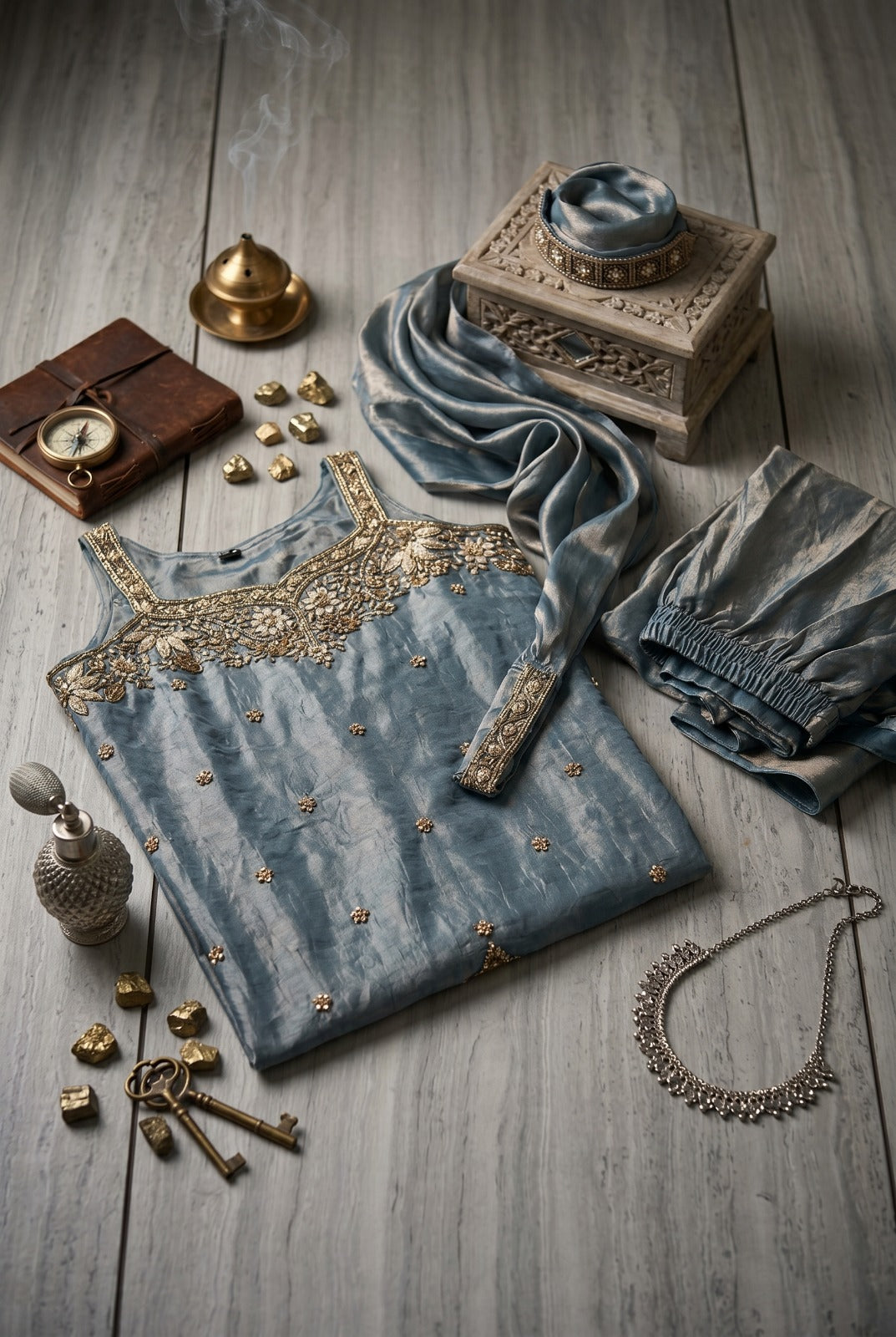 Dusty Blue Designer Embroidered Palazzo Set
