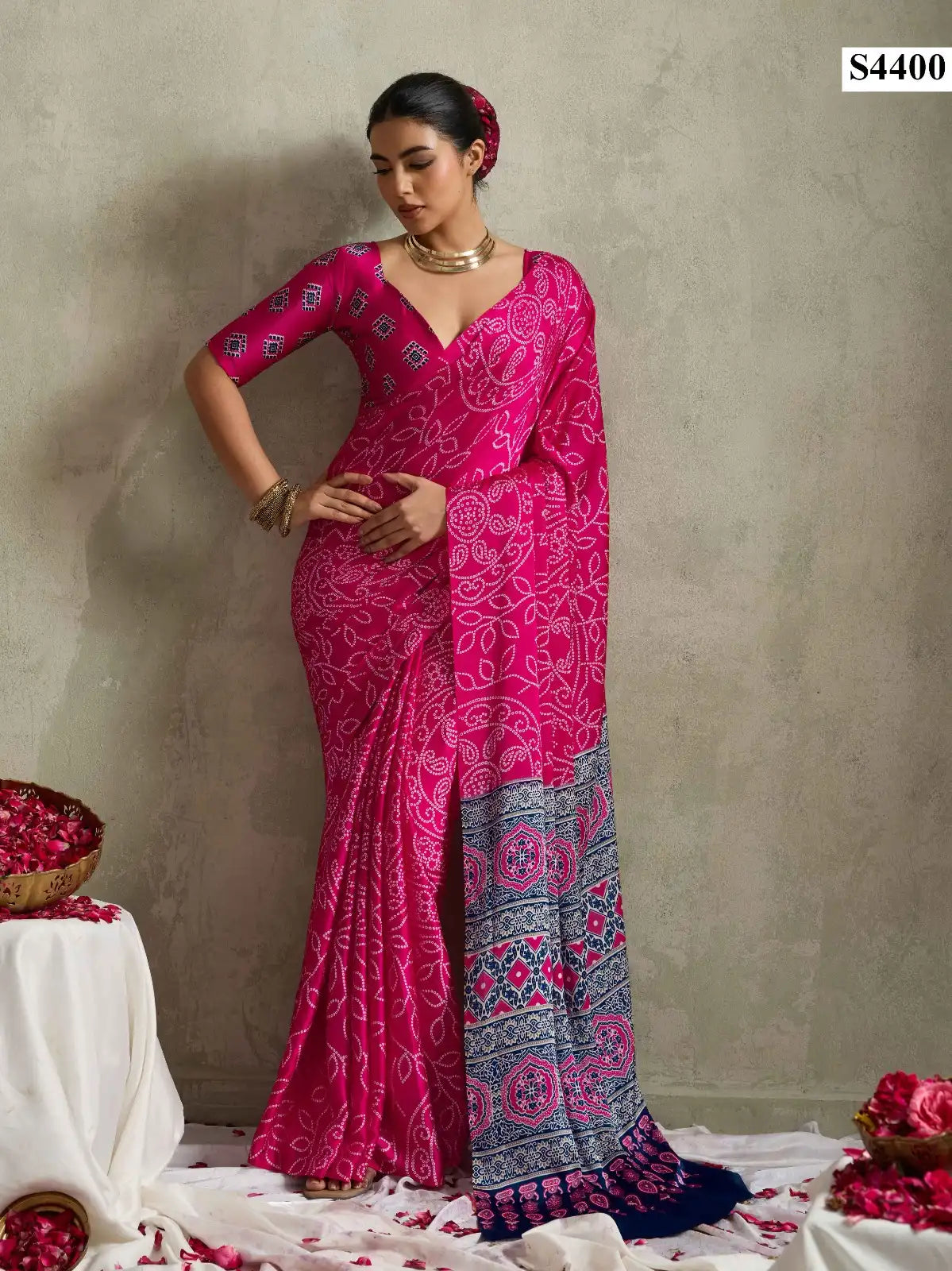Pink & Blue Printed Bandhani Satin Saree – Elegant Satin Drapes