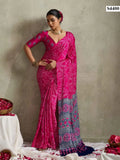 Pink & Blue Printed Bandhani Satin Saree – Elegant Satin Drapes